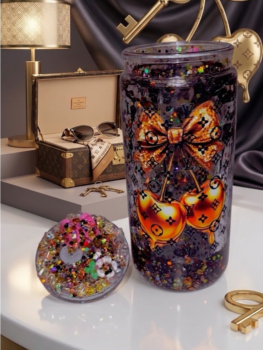 Snow globe tumblers Designer-Inspired Black Glitter Jar with Orange Cherry Motif